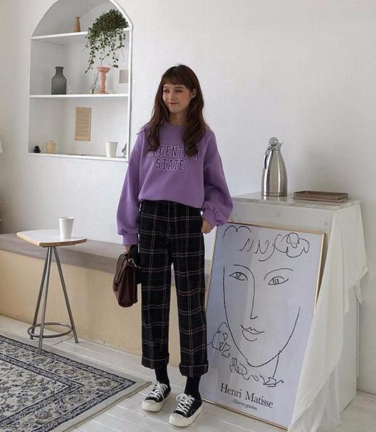 Straight Plaid Cotton Trousers