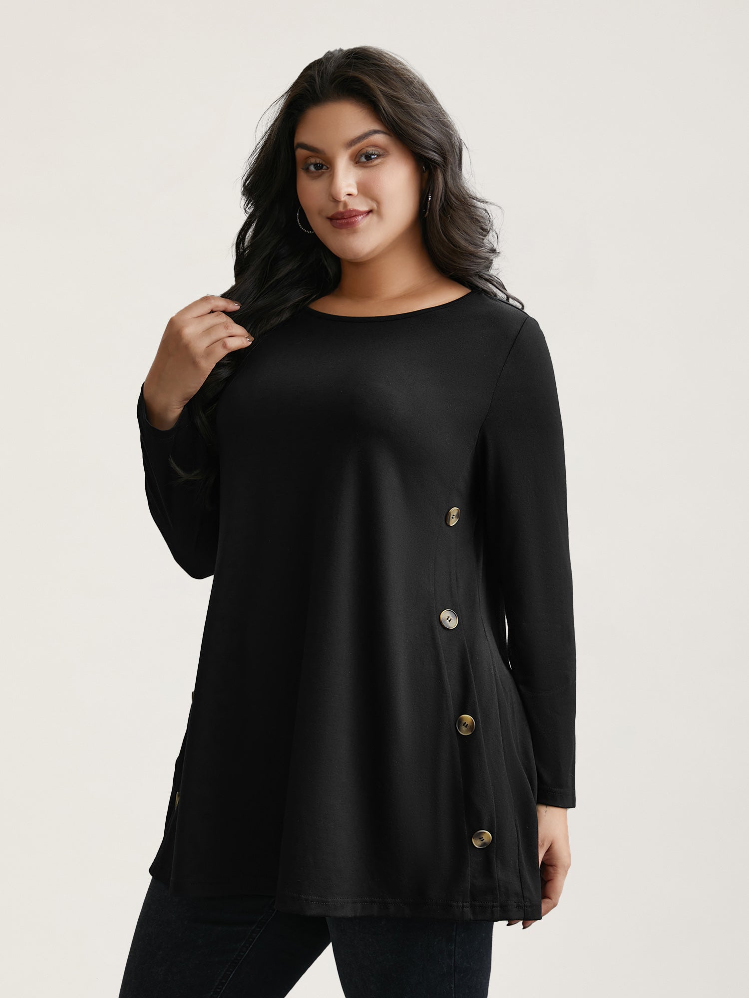 Round Neck Button Slim-Fit Knit Top