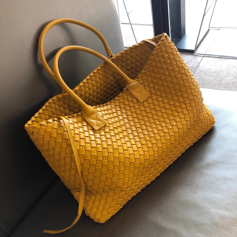 Women's Large Pu Leather Solid Color Streetwear Weave Square Open Tote Bag