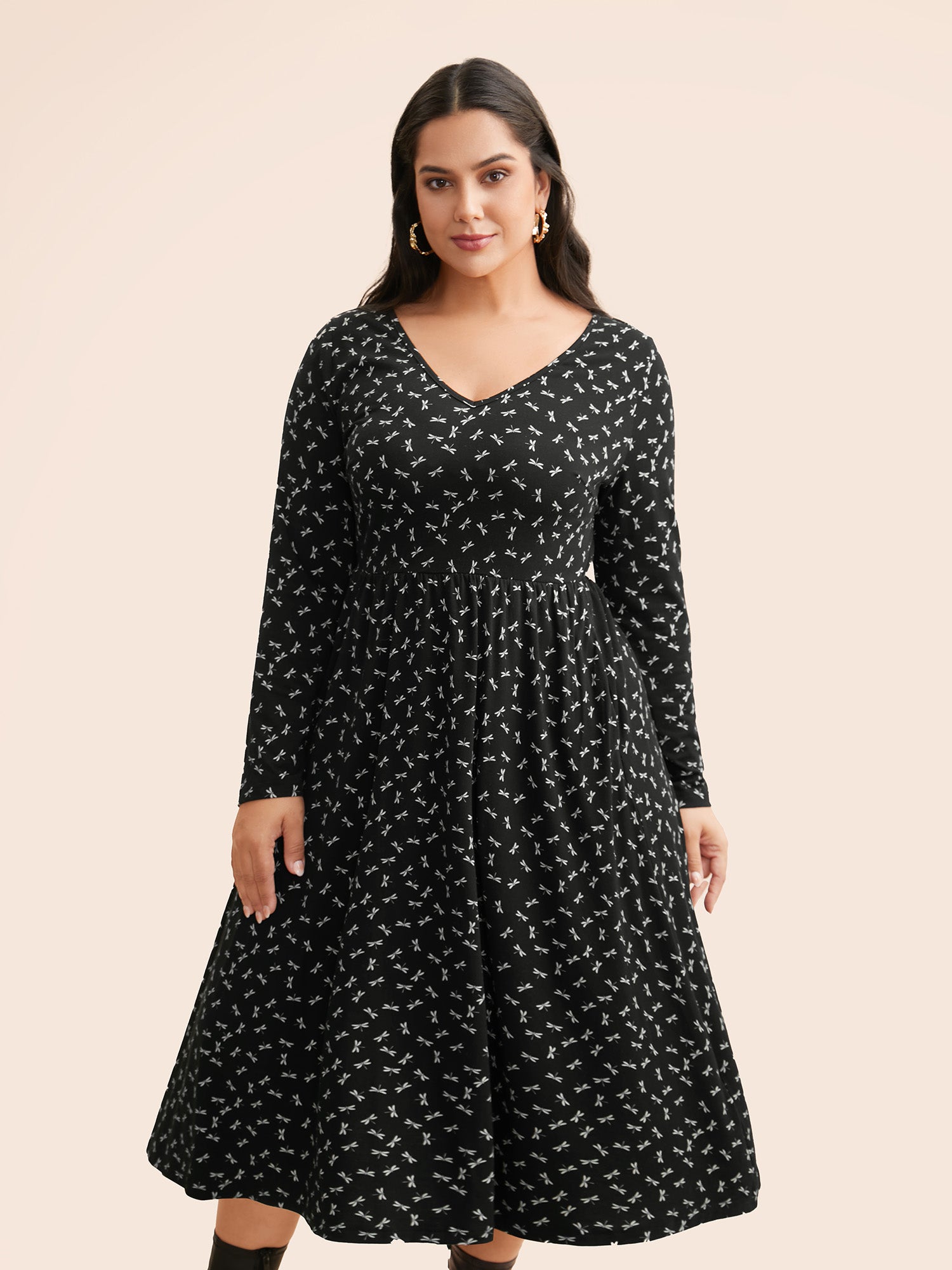 V Neck Dragonfly Pattern Midi Dress