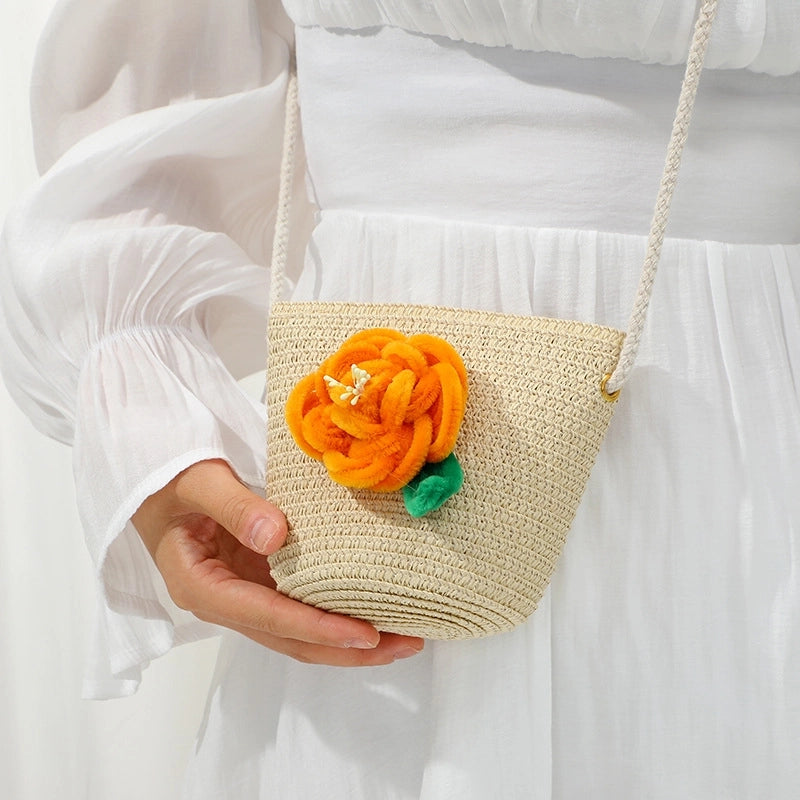 Women's Small Straw Solid Color Flower Vacation Beach Weave Round Zipper Straw Bag