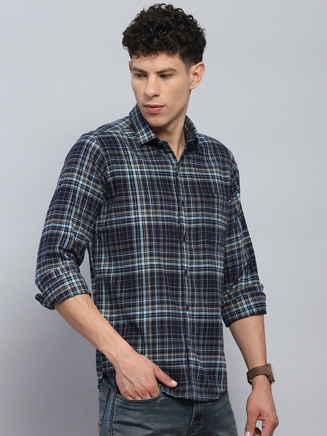 Men Navy Blue Check Collar Full Sleeve Shirt