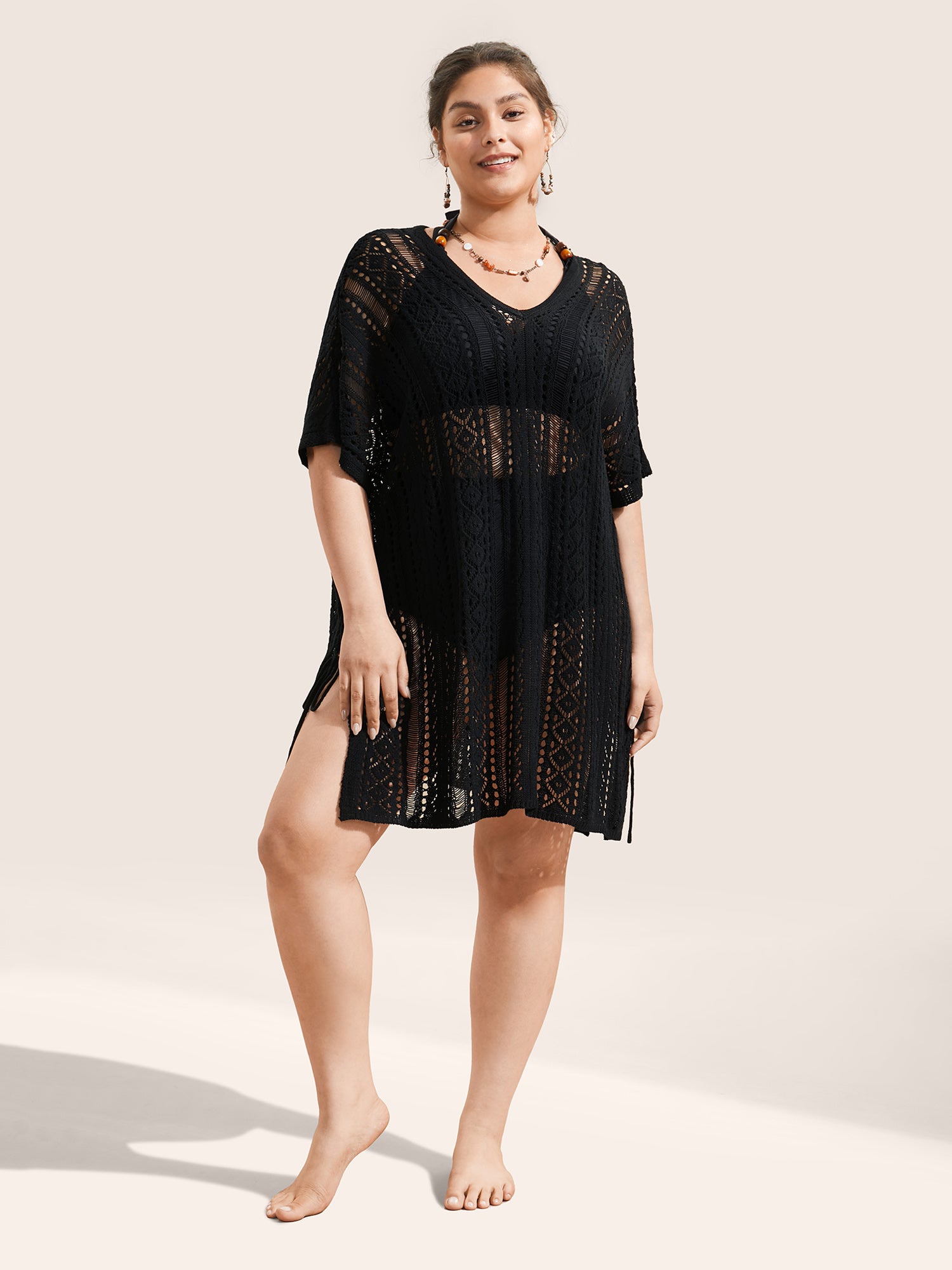 Plain Texture Ties Hollow Out Split Hem Swim Cover Up