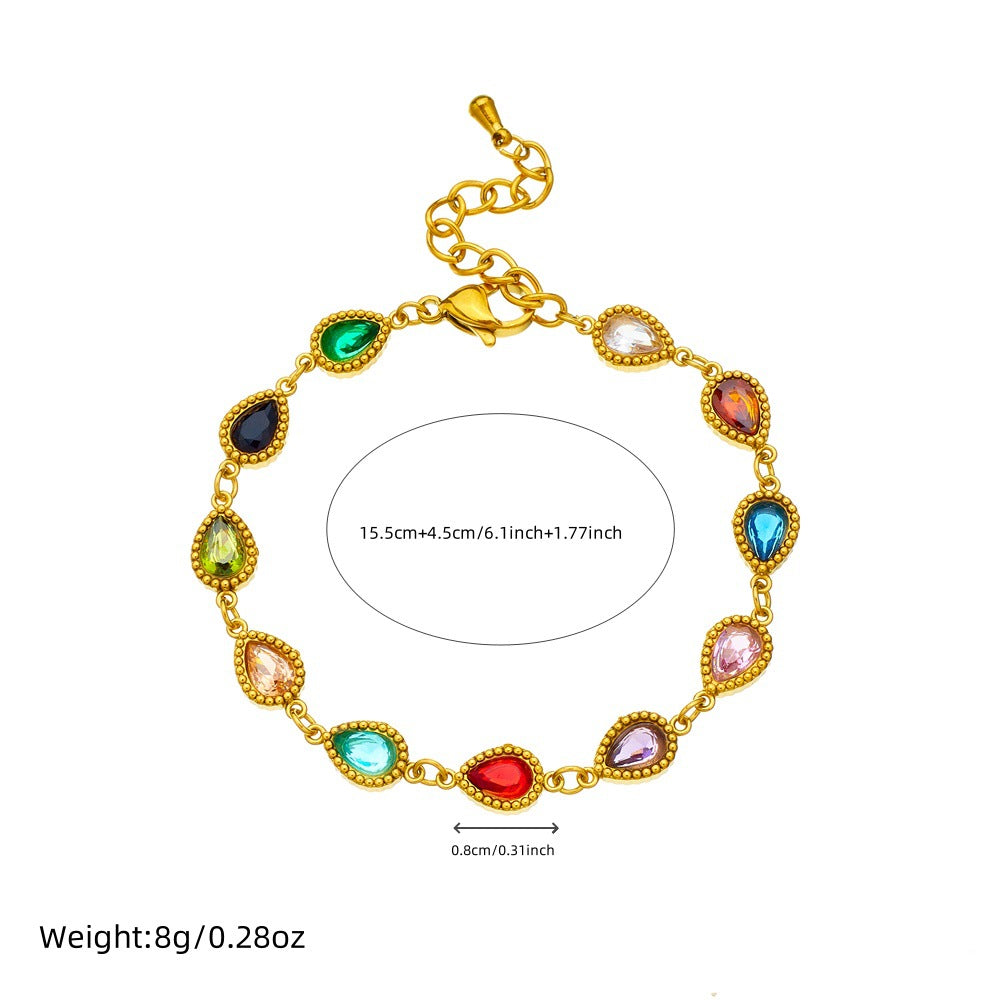 Fashionable Micro-Inlaid Geometric Colored Gemstone Chain Bracelet Oval Drop Square Ladies Stainless Steel Jewelry