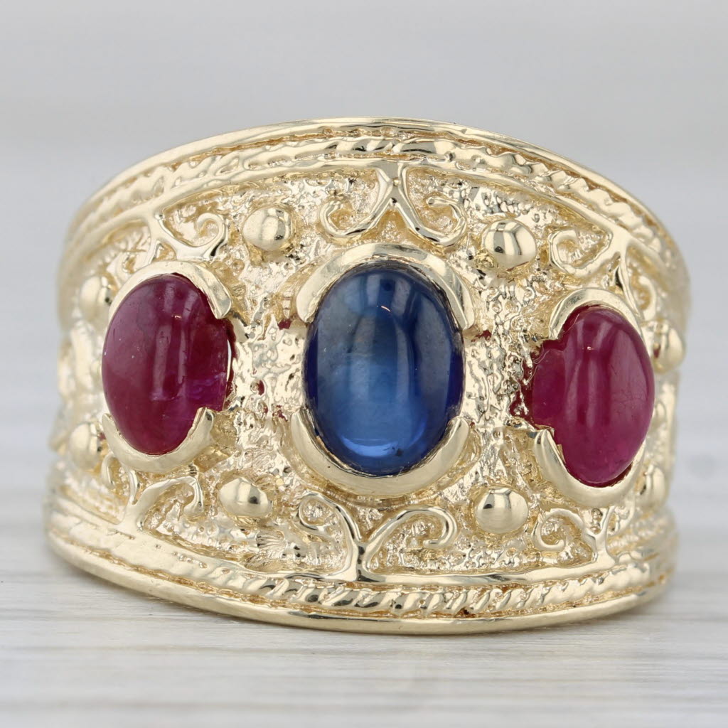 Blue Sapphire Ruby Ring 14k Yellow Gold Size 7 Orange 3-Stone
