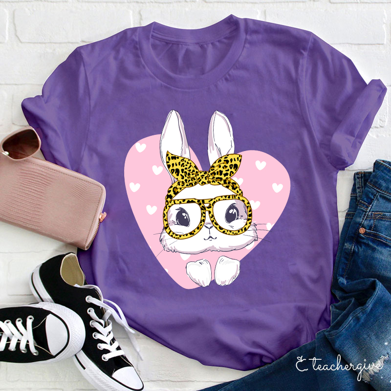 Bunny Face Leopard Glasses Poping Out Of A Heart Teacher T-Shirt