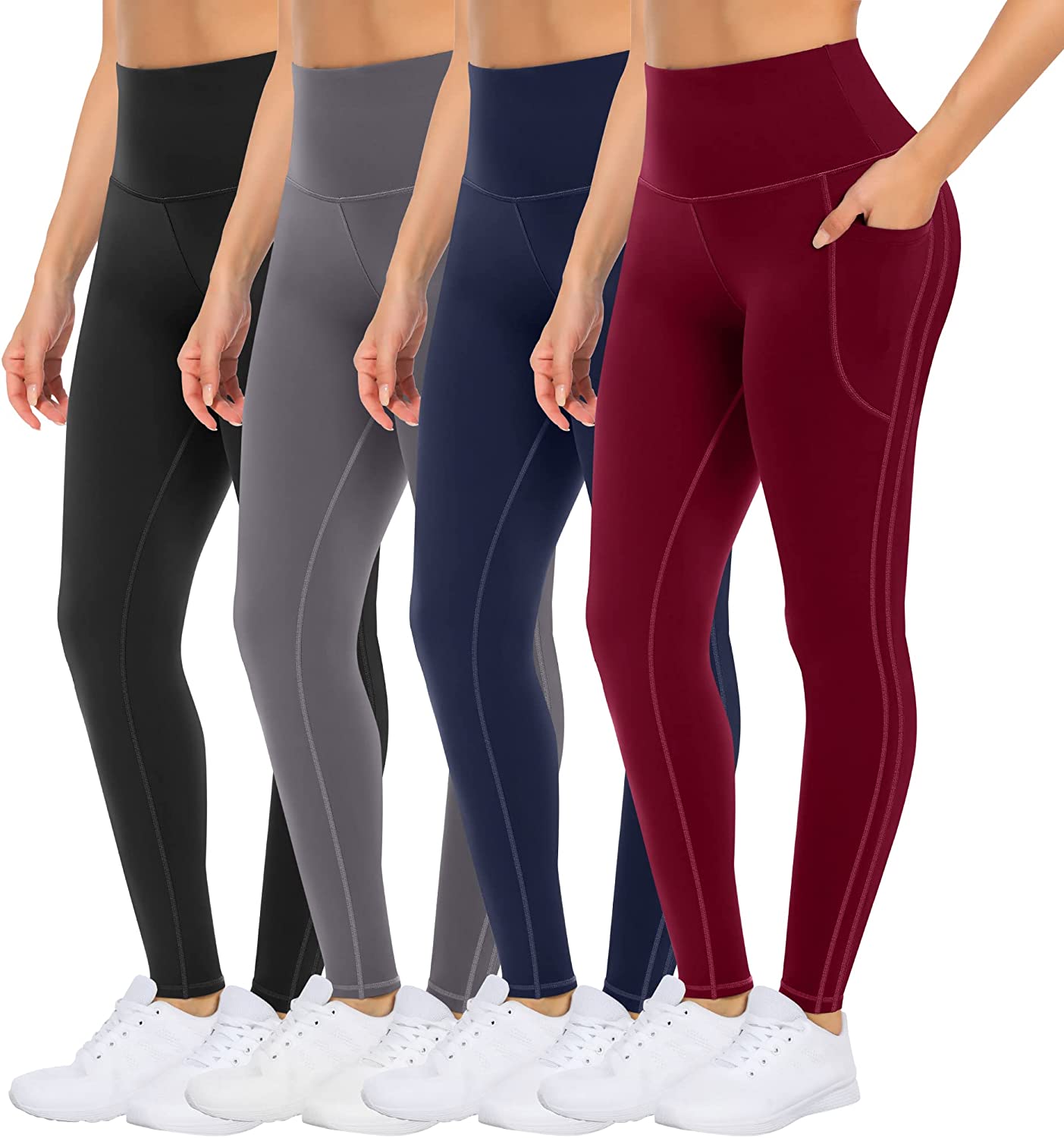 4 Pack Yoga Leggings with Pockets for Women - High Waist Tummy Control Pants for Workout