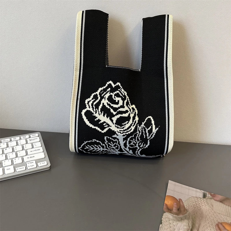 Women's Small Knit Printing Lattice Flower Elegant Classic Style Square Open Handbag