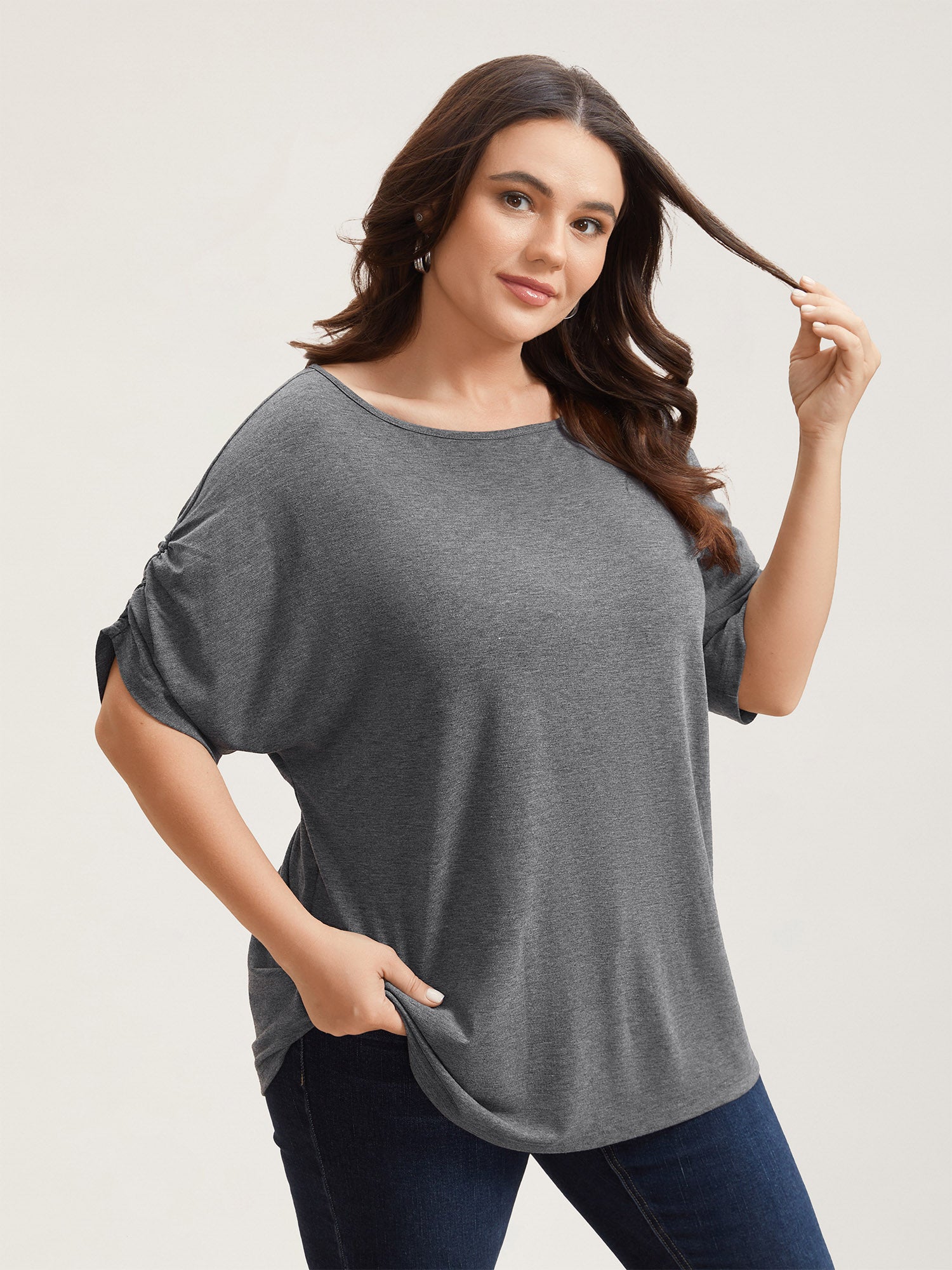 Stretchy Solid Color Gathered Sleeve T-Shirt