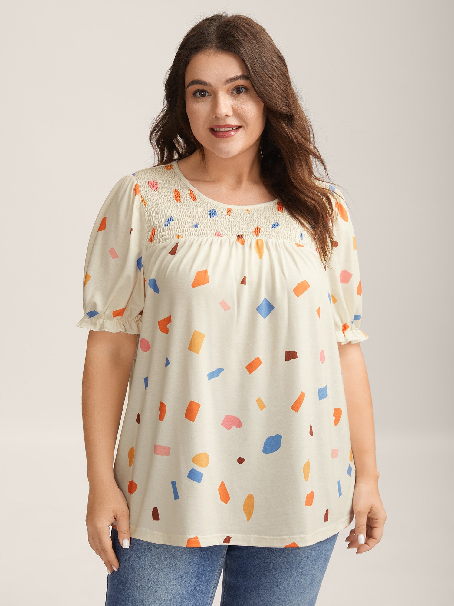 Confetti Print Shirred Round Neck T-Shirt