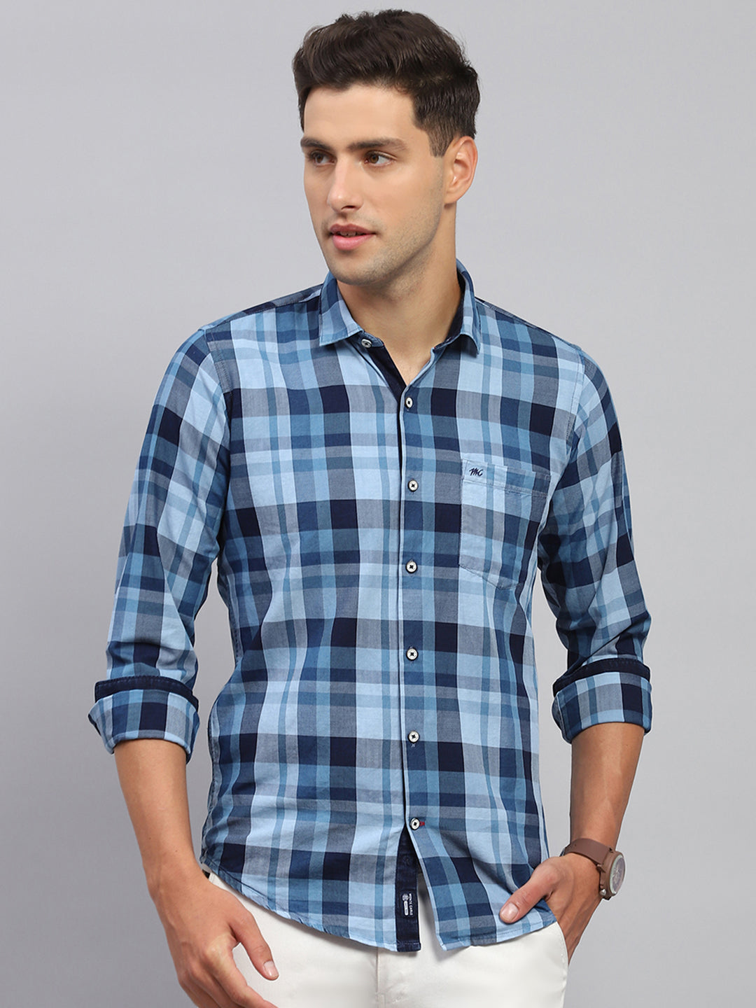 Men Sky Blue Check Spread Collar Full Sleeve Shirt