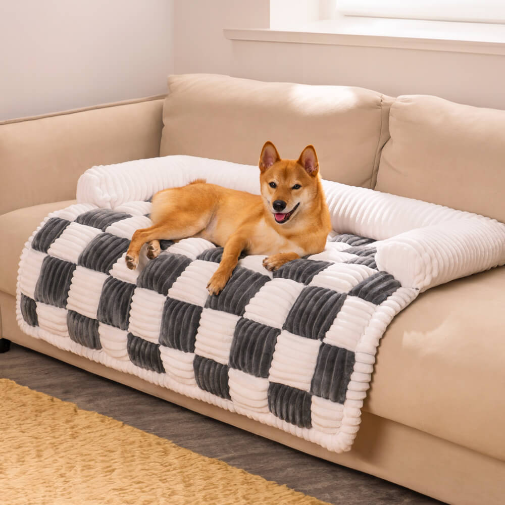 Cream Square Plaid Cozy Dog Mat Furniture Protector Covers