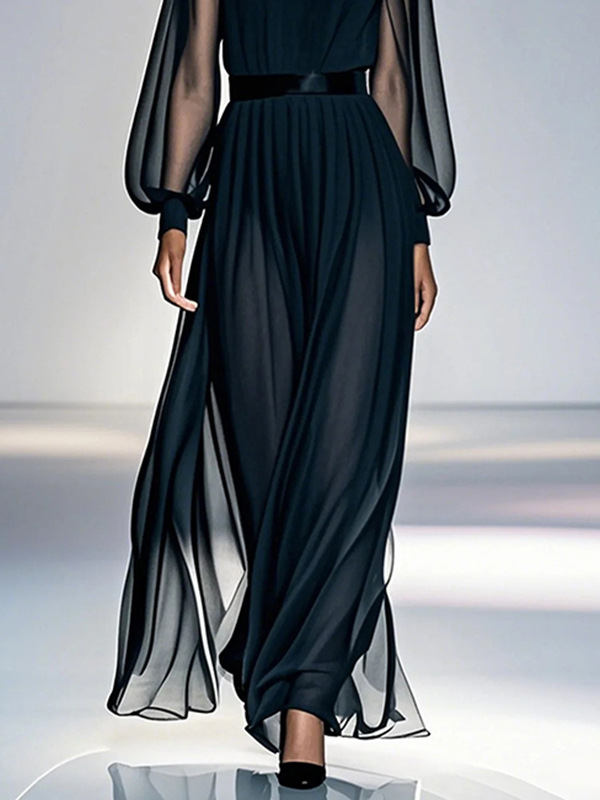 False Two Loose Gauze Pleated See-Through Round-Neck Maxi Dresses