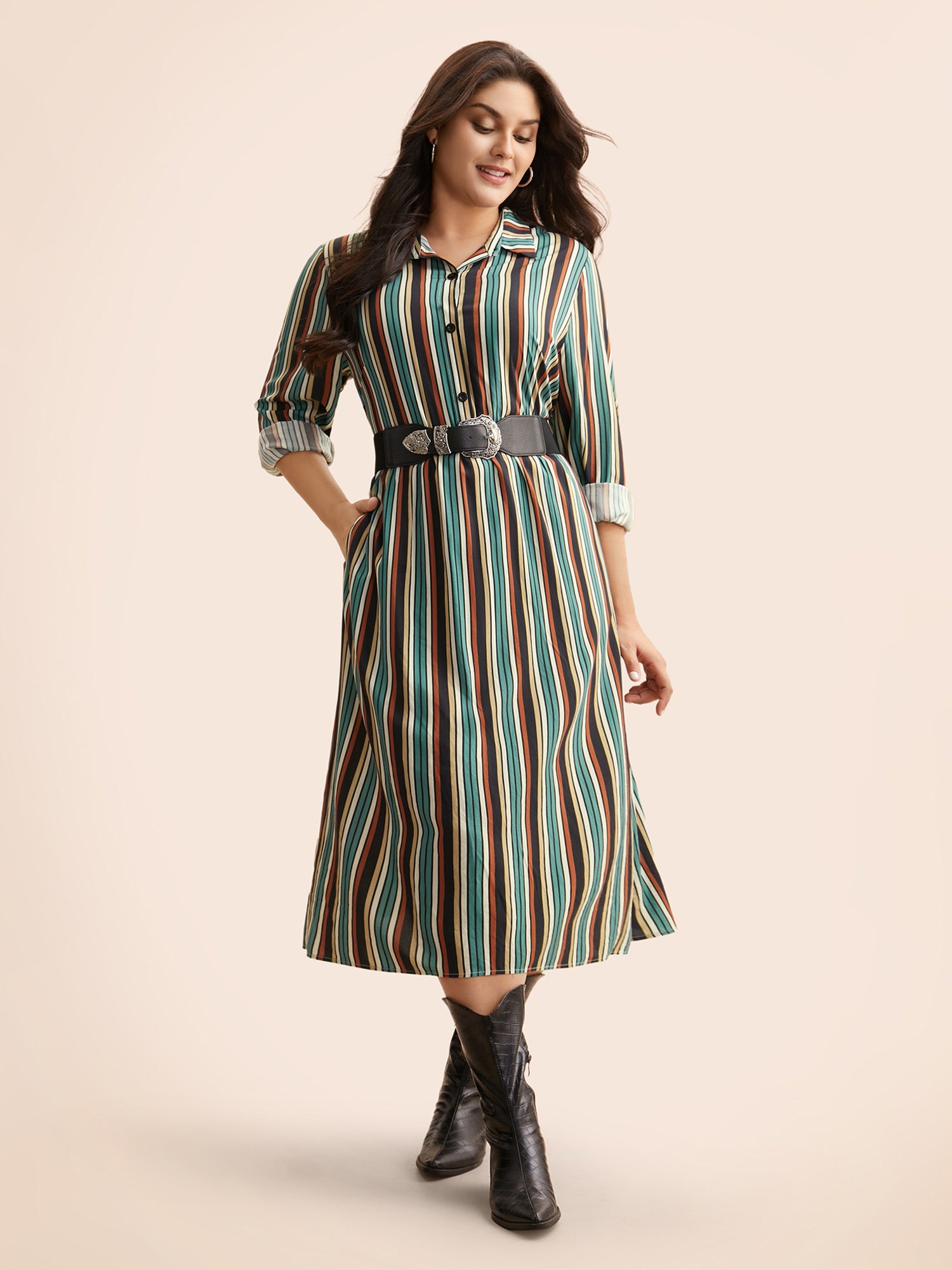 Shirt Collar Contrast Striped Midi Dress