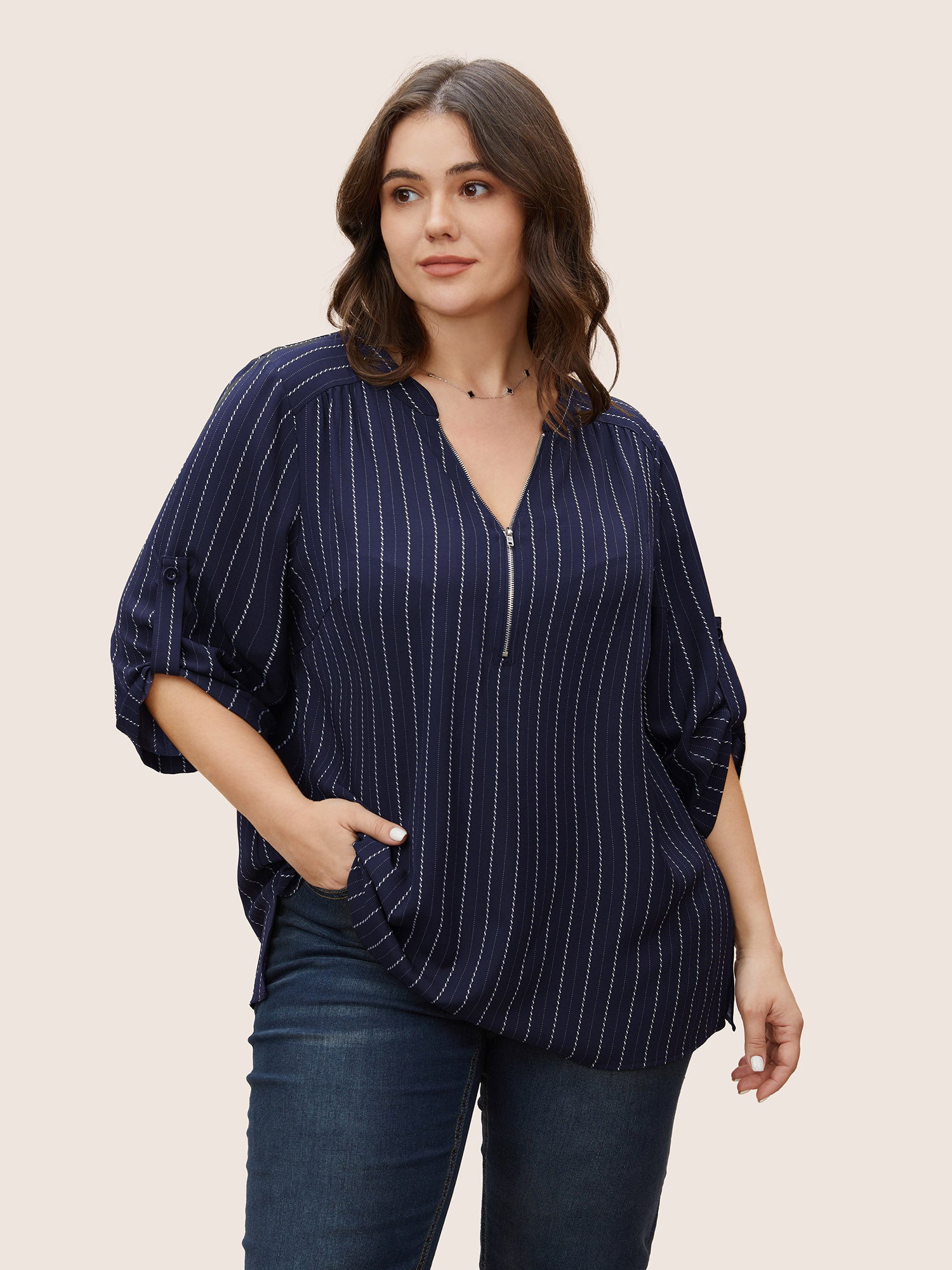 Striped Half Zip Tab Sleeve Blouse
