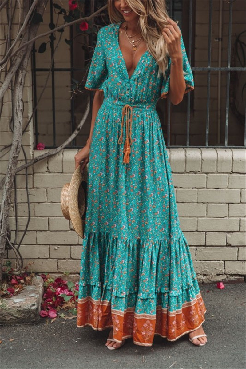 Boho Dress for Women|Bohemian Dress|Midi Boho Dress| V-neck  Rayon Cotton Bohemian DressesTassel Summer Boho Maxi Dress|Wedding Guest Dress