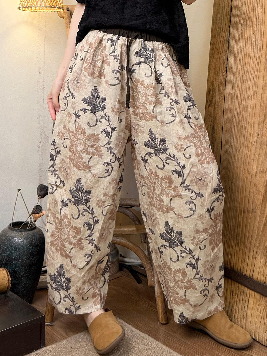 Women Summer Artsy Flower Linen Straight Pants