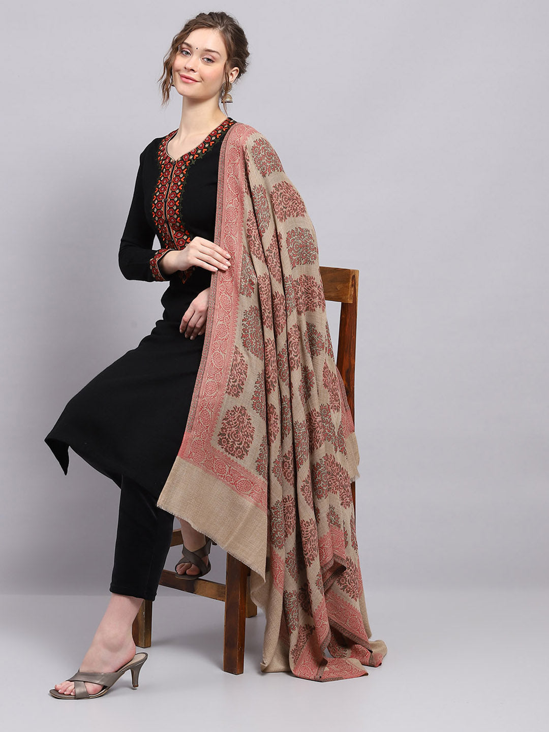 Women Beige Self Design Shawl