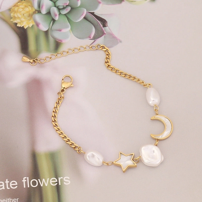 Sweet Star Moon Heart Shape Stainless Steel Inlay Artificial Pearls Bracelets 1 Piece