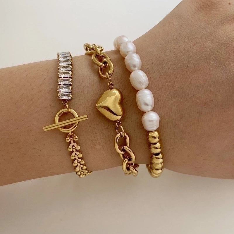 2 Pieces Casual Modern Style Geometric Heart Shape 304 Stainless Steel 16K Gold Plated White Gold Plated Gold Plated Zircon Bracelets In Bulk