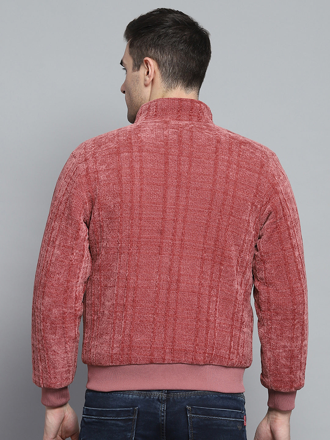 Men Pink Solid Mock Neck Full Sleeve Jacket