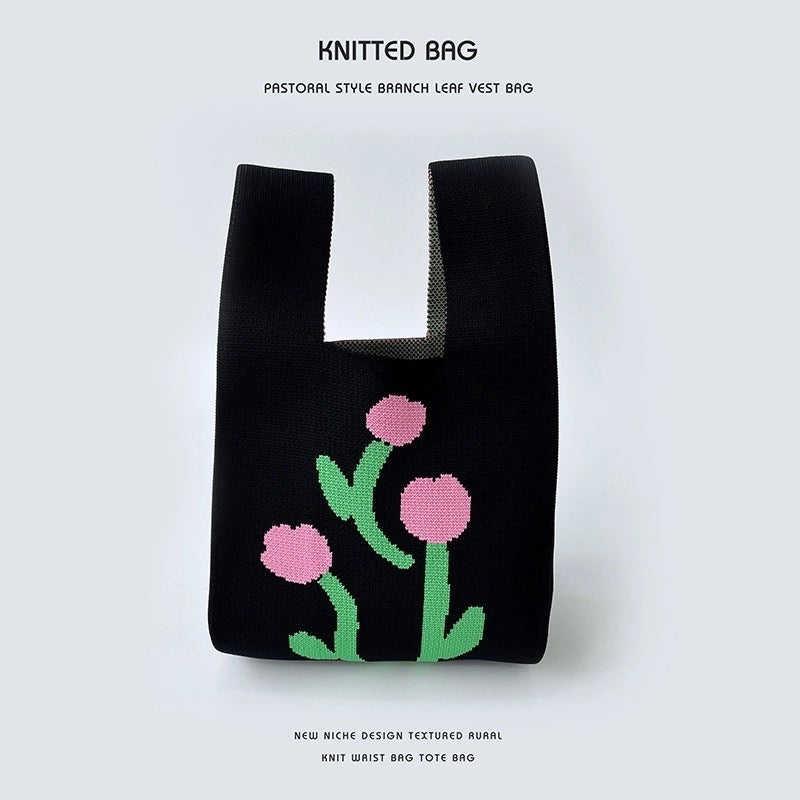 Women's Medium Knit Letter Flower Cute Vintage Style Square Open Handbag