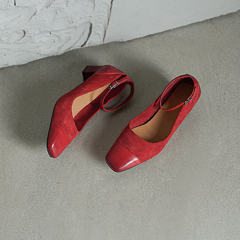 Elegant Washed Horsehide 45mm Block Heel Suede Mary Jane Shoes in Black/Red