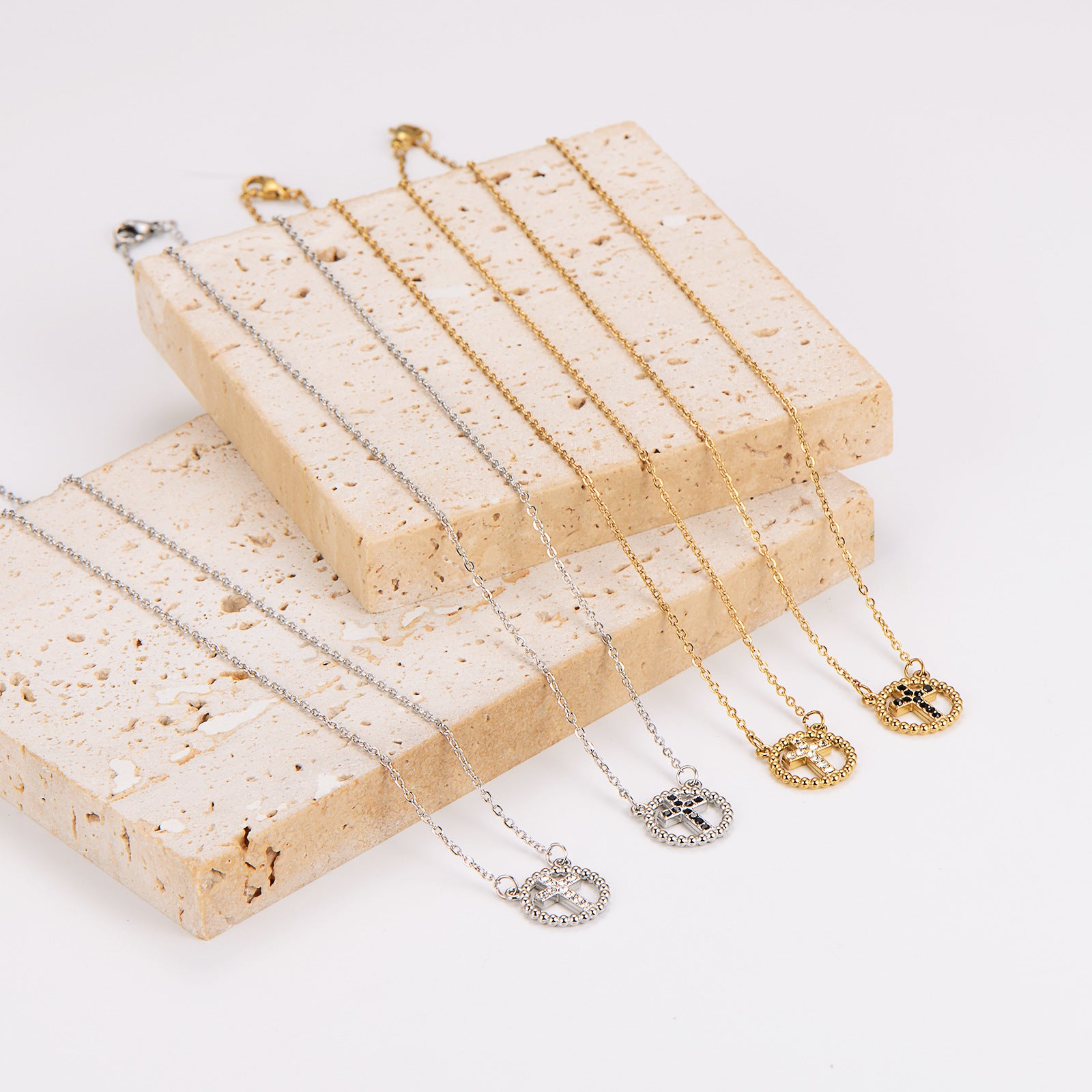 Aml Stainless Steel Necklace Stainless Steel Niche Design Round Hollow Cross Clavicle Chain