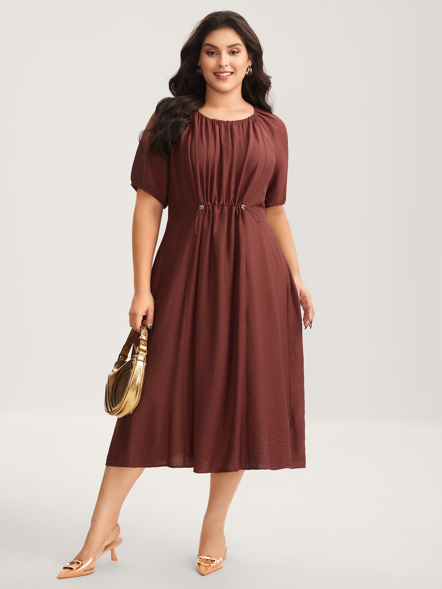 Rayon Pleated Waist-Cut Midi Dress