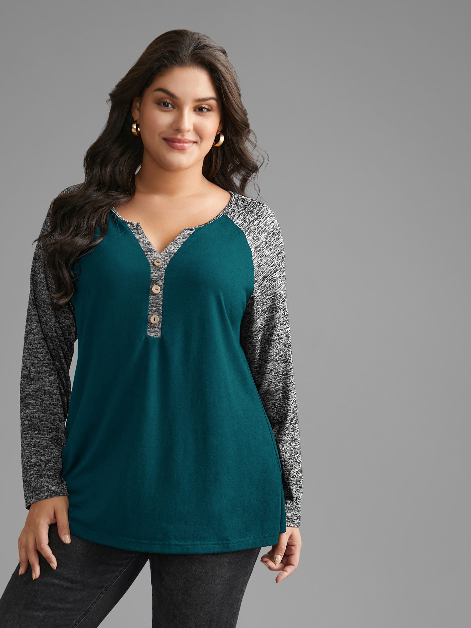 Heather Patchwork Button Detail Stretchy T-Shirt