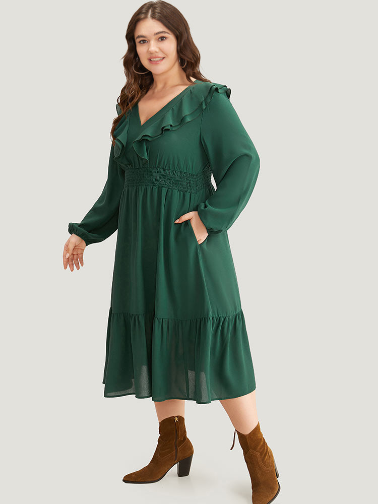 Solid Shirred Ruffle Trim Pleated Dress