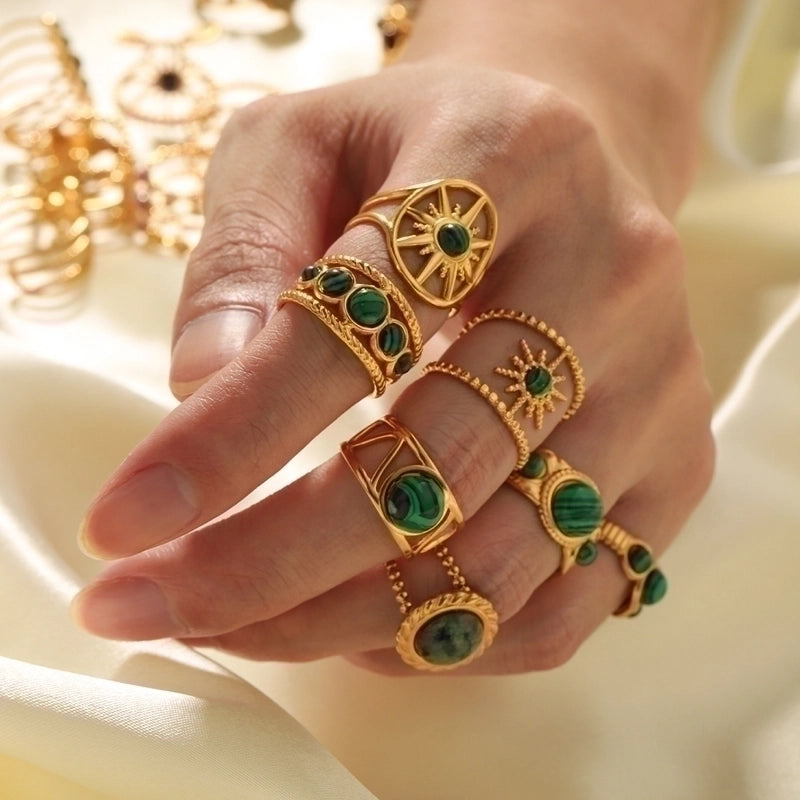 Stainless Steel 18K Gold Plated Basic Vintage Style Plating Inlay Round Natural Stone Open Rings