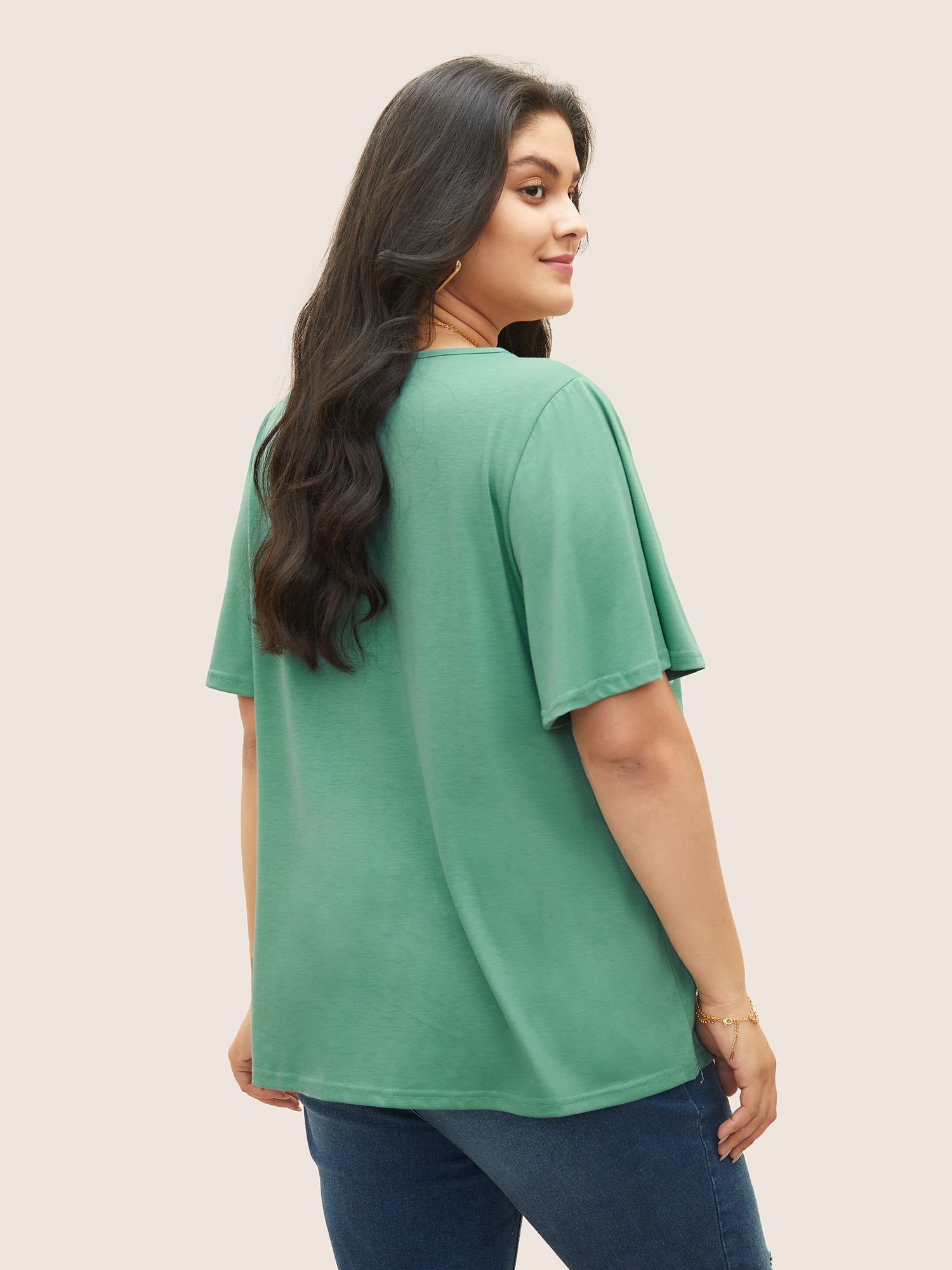 Solid Ruffle Sleeve Lace V Neck T-shirt