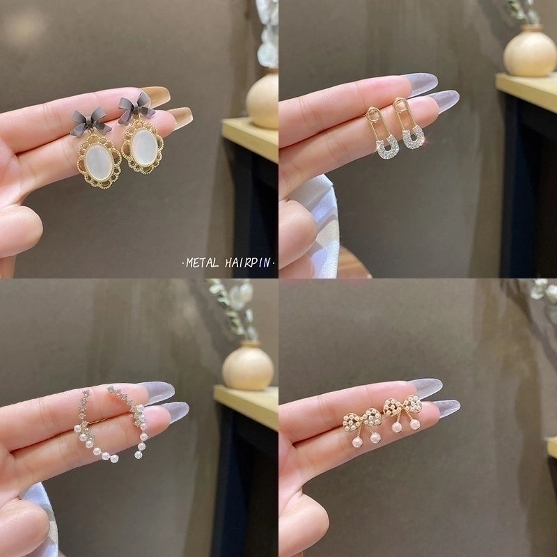 Sweet Star Flower Bow Knot Alloy Inlay Artificial Pearls Rhinestones Women's Earrings 1 Pair