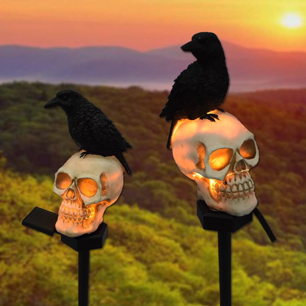 💀Halloween Sale-Solar Lighted Skeleton Stakes with Crow Set