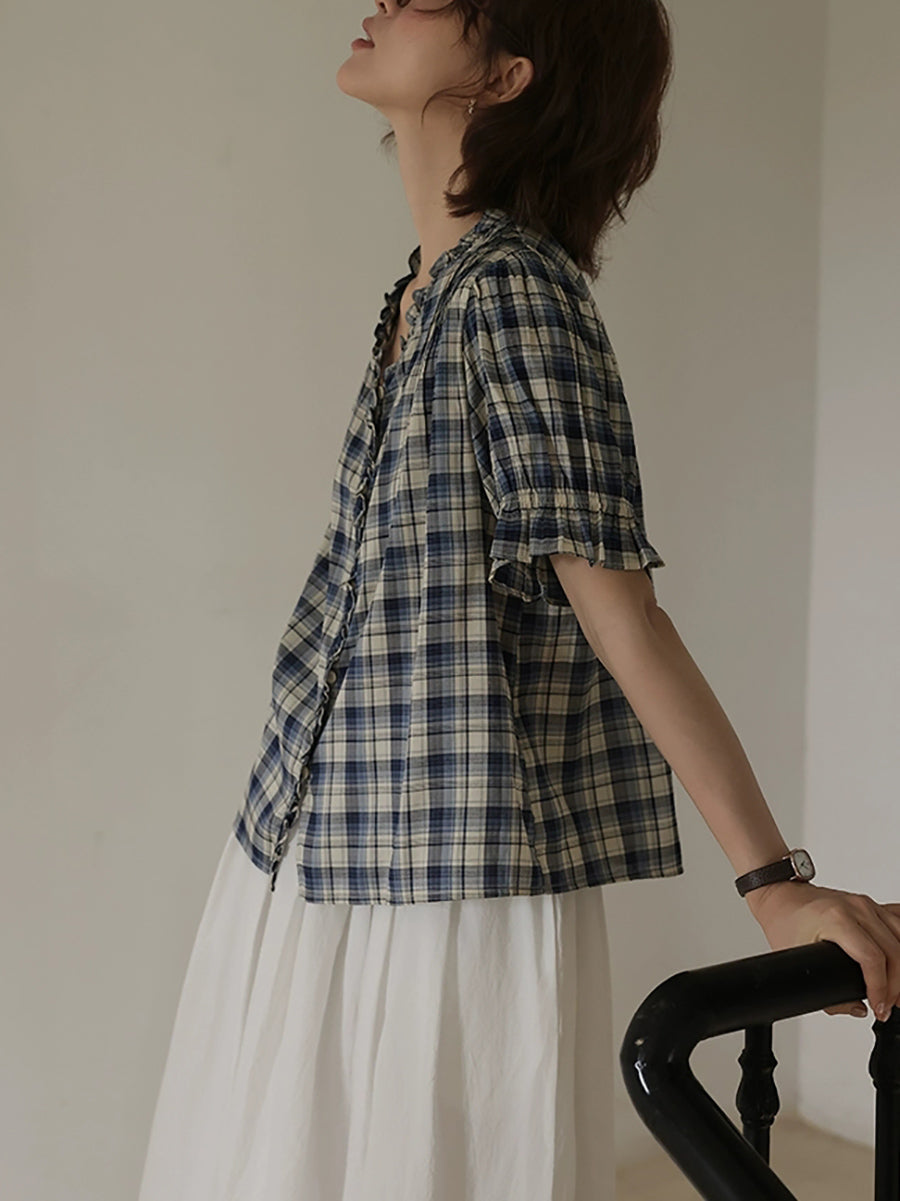 Women Summer Worn Plaid V-Neck Cotton Shirt