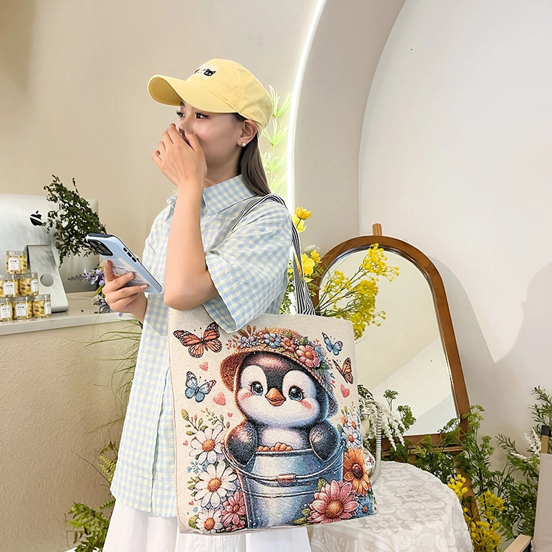 Women's Large Canvas Color Block Vintage Style Classic Style Square Zipper Tote Bag