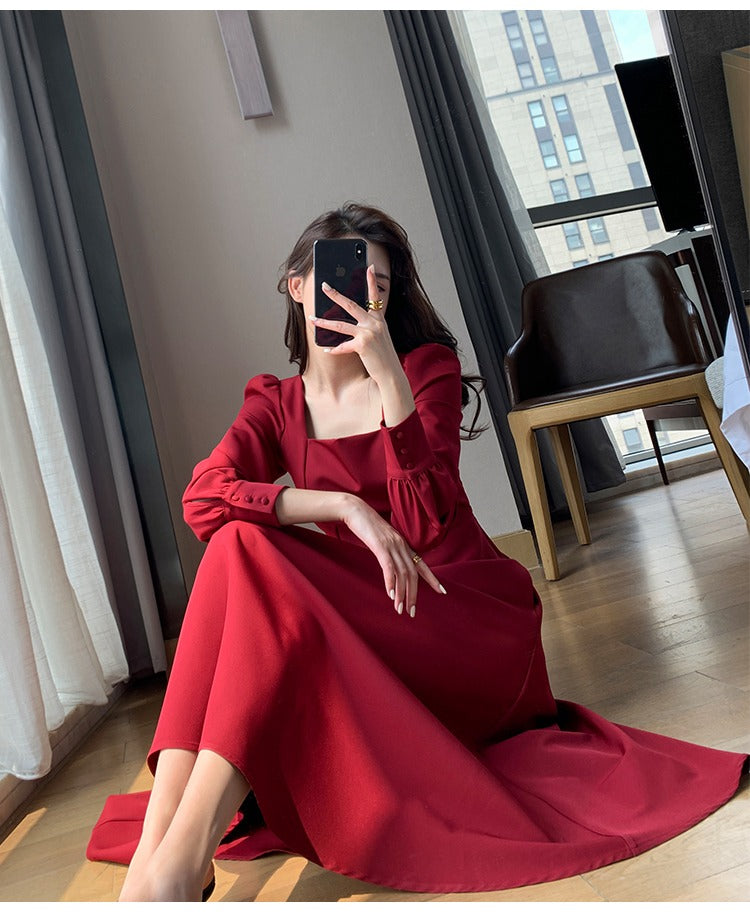 Long Sleeve Square Neck Fit & Flare Midi Dress