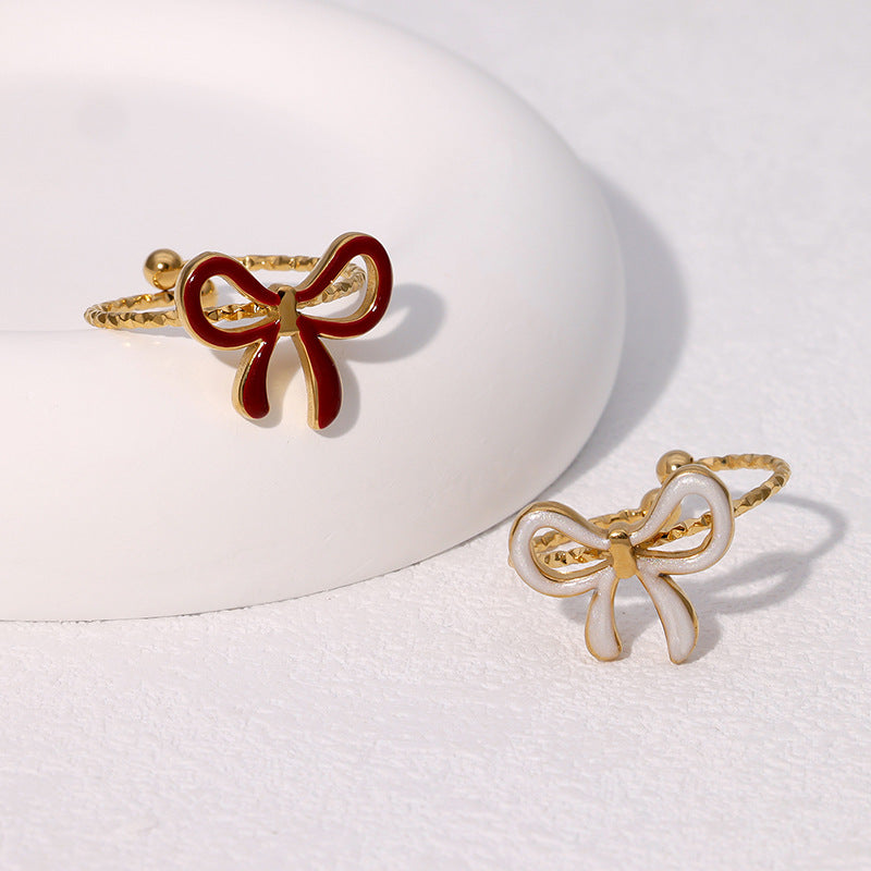 Fashionable Simple Cute Sweet Ins-Style Gold-Plated Bow-Knot Open Stainless Steel Ring Jewelry For Women