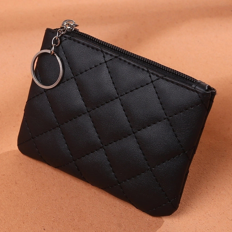 Coin Purse Women's Diamond Embroidered PU Short Mini Zipper Small Purse Solid Color Coin Card Storage Bag