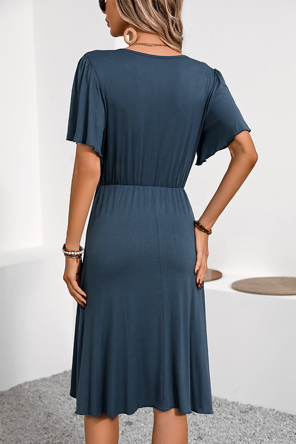 V Neck Ruffle Hem Solid Casual Dress