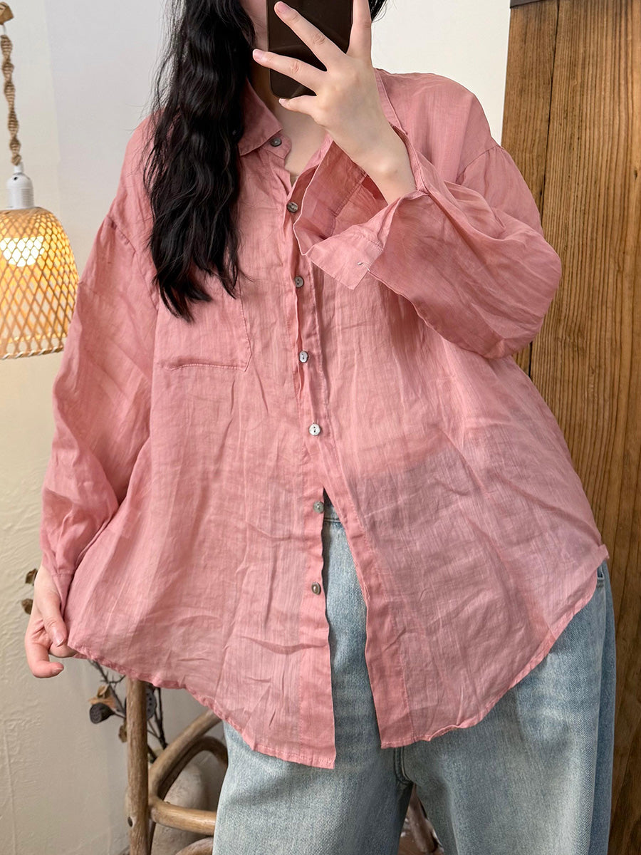 Women Summer Artsy Pure Color Ramie Turn-down Collar Shirt