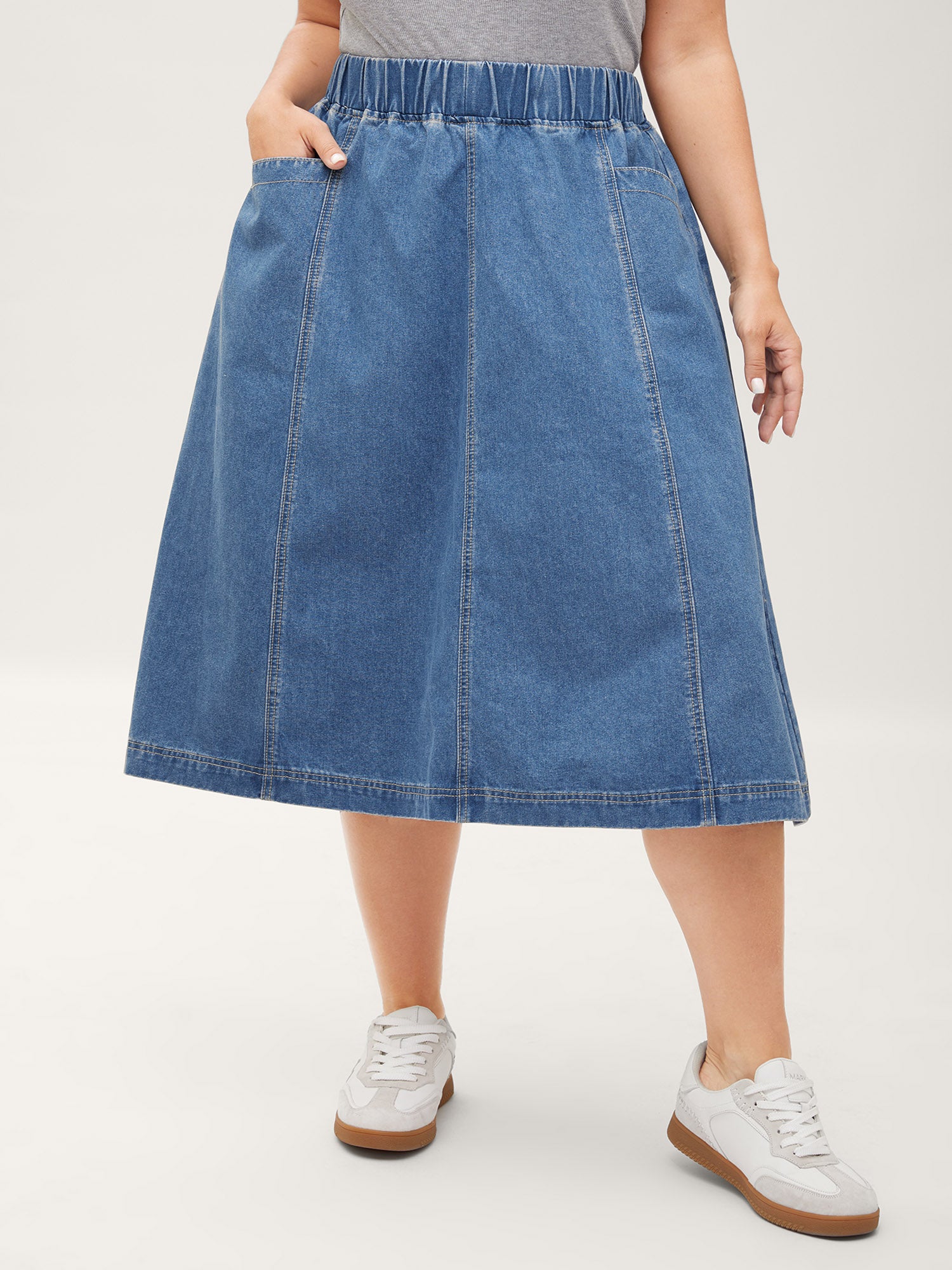 Stretchy Waistband Pockets Denim Skirt
