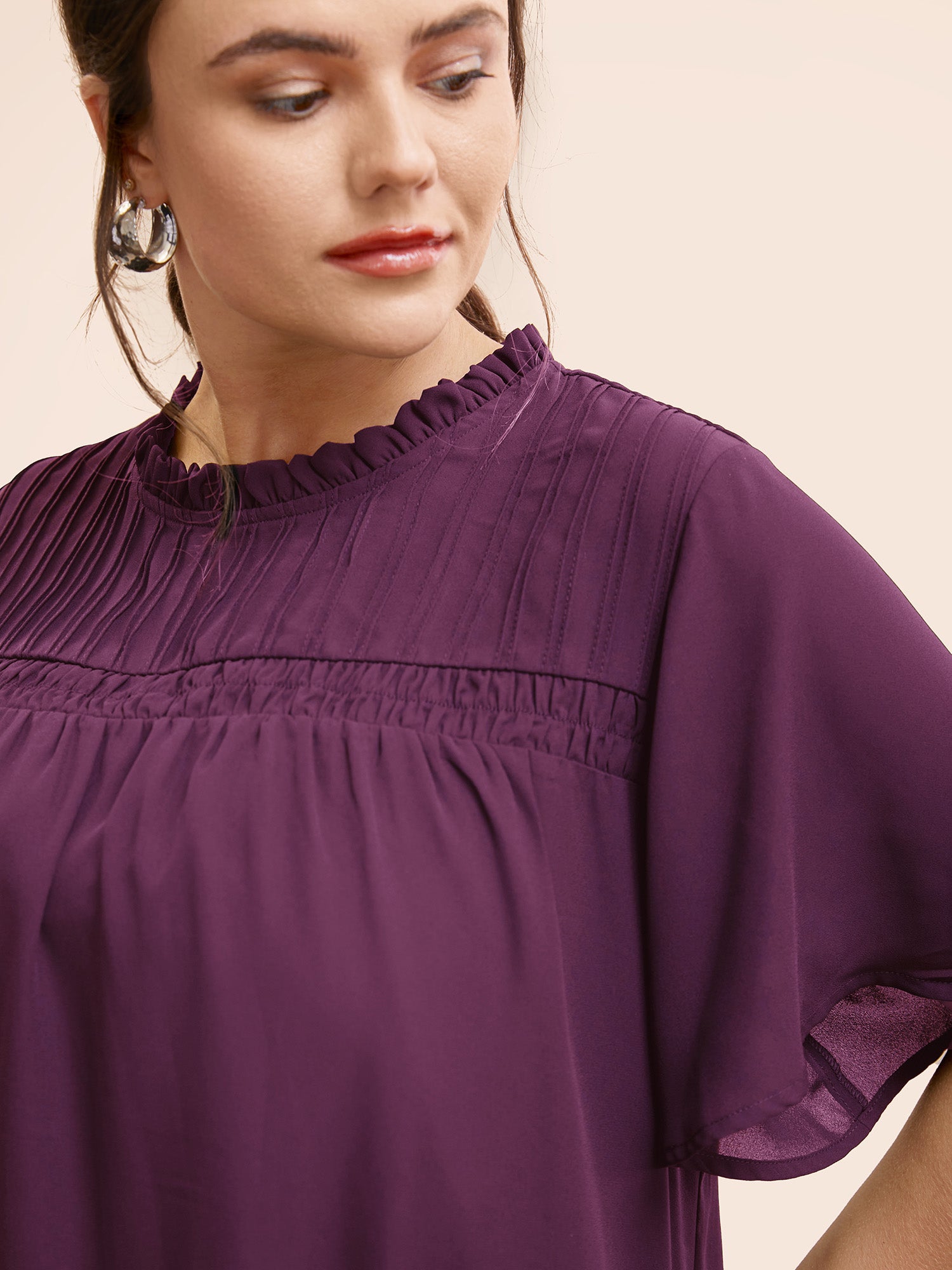 Anti-Wrinkle Shirred Ruffle Sleeve Mesh Frill Trim Blouse