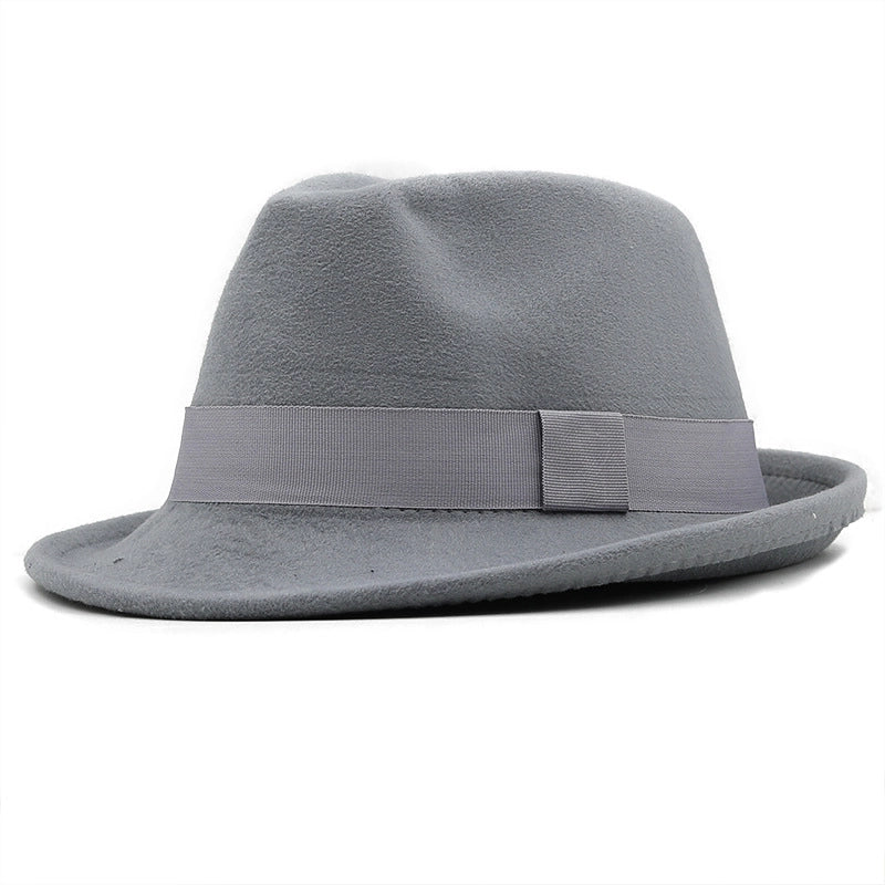 New Brim Hat Woolen Jazz Hat  Top Hat With Hat Band Solid Color Woolen Hat