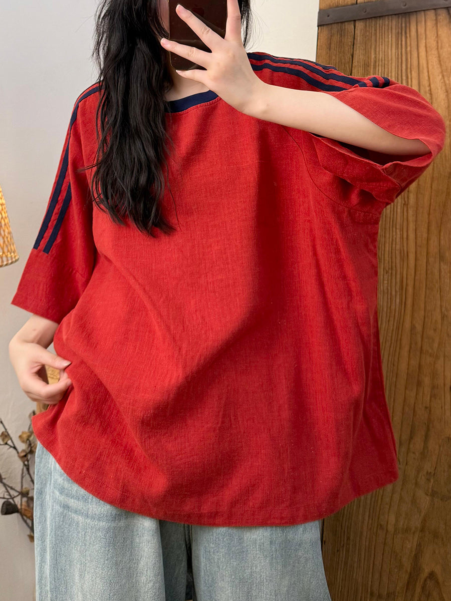 Women Summer Casual Srtipe Spliced O-Neck Linen Shirt
