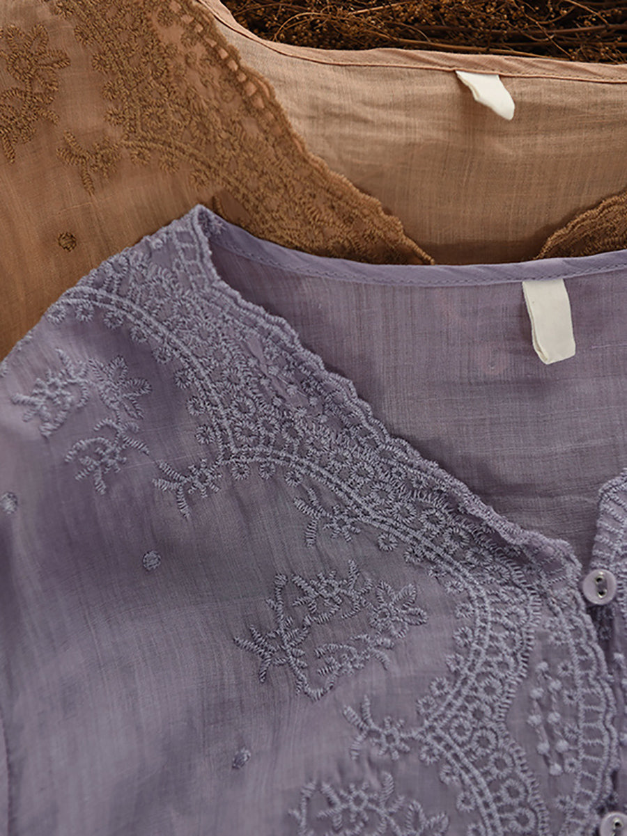 Women Summer Vintage Embroidery V-neck 100%Raime Shirt
