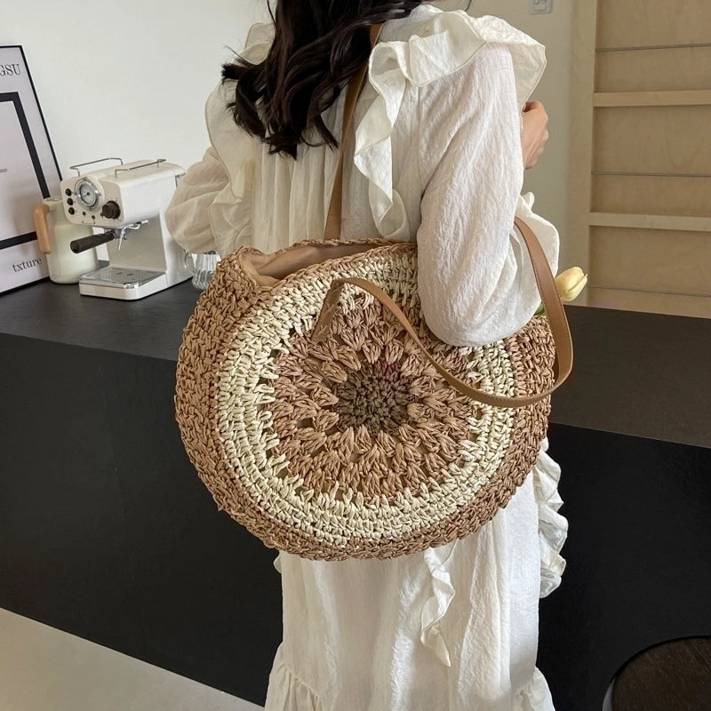 Women's Large Straw Color Block Vacation Beach Round Zipper Straw Bag