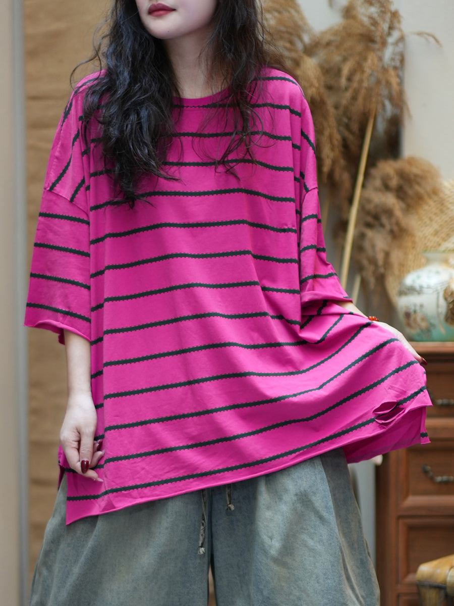Women Summer Casual Stripe Cotton O-Neck Shirt