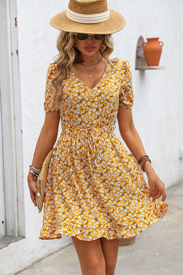 V Neck Floral Print Casual Mini Dress